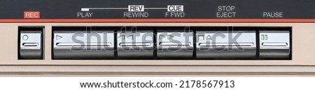Close up of a retro tape deck buttons, record, play, fast forward, rewind, stop, eject and pause Royalty-Free Stock Photo #2178567913