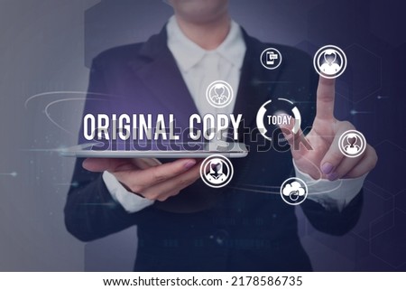 Conceptual caption Original Copy. Conceptual photo Main Script Unprinted Branded Patented Master List Lady holding tablet symbolizing successful teamwork accomplishments.