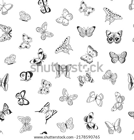 Butterflies collection vector line seamless pattern