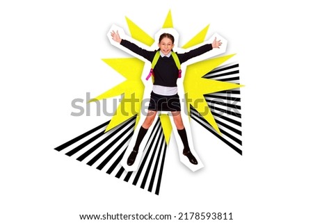 Collage portrait of overjoyed excited girl jumping raise hands isolated on creative painted background
