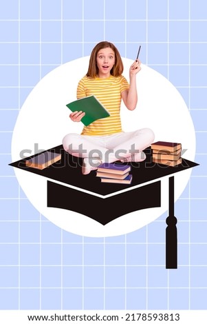 Vertical collage picture of excited small girl sit painted mortarboard hold book copybook excellent inspiration isolated on checkered background