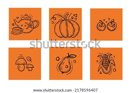 Healthy autumn food doodle clip art. Cozy hand drawn farming fruits and vegetables with teapot, mushrooms, apples, pumpkin, pear, corn. Vector illustration for cafe menu, market label. Cartoon style