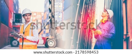 Foreman control loading containers box from cargo freight ship for import export.Container yard worker checking container at container yard warehouse. Cargo shipping import export industry Logistics. Royalty-Free Stock Photo #2178598453