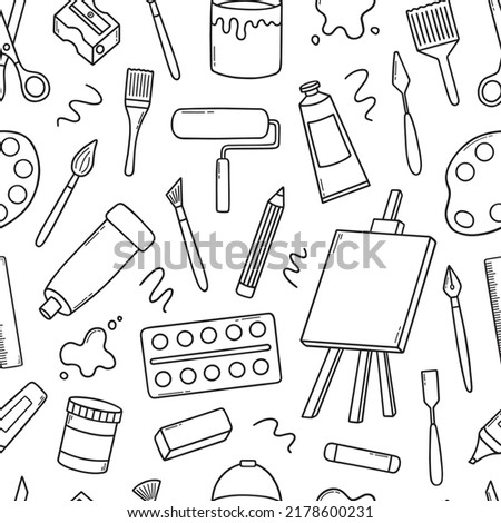 Hand drawn seamless pattern of artist tools doodle. Art supplies in sketch style. Easel, brushes, paint, pencils. Vector illustration 