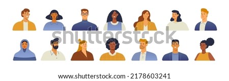 Vector collection of avatar portraits. Business people diverse faces, haircuts, nationality. Cheerful men and women persons, team group and employee. Isolated on white. Trendy, modern illustration.