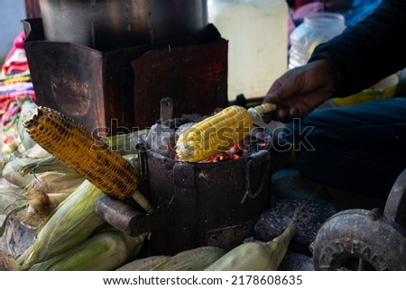 Corn being roasted on flame of hot coal. Main focus is on the corn. Hill station, Maharashtra, India, Asia, Asian, Indian, Rainy, monsoon, winter, agriculture, cooking, roasting, food, fresh, hand.