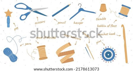 Set of colorful hand drawn tools for sewing, knitting, crocheting isolated on white background