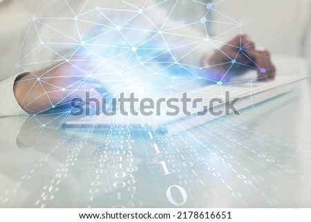 Multi exposure of tech drawings with man working on computer background. Concept of innovation.