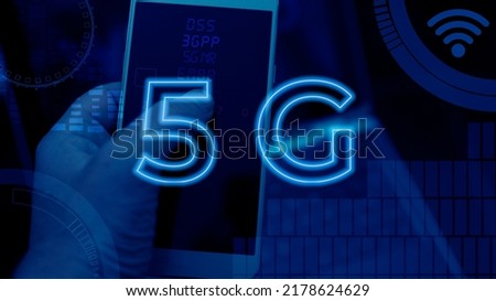 Text 5g smart digital network concept. World smart phone mobile high speed connection communication wireless technology. 5g text rendering design of hand holding mobile phone with internet. 5g concept Royalty-Free Stock Photo #2178624629