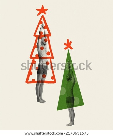 Contemporary art collage. Creative design. Two men in swimming cap standing like Christmas trees. Concept of creativity, Christmas, New Year, holiday, celebration, winter. Copy space for ad
