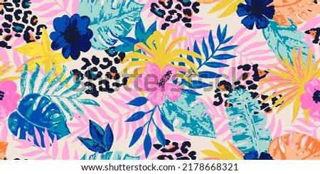 Seamless pattern with watercolor tropical leaves and hand drawn leopard spots. Floral background for the design of textiles, covers, wallpapers, fabric, promotional material and more. Vector illustrat