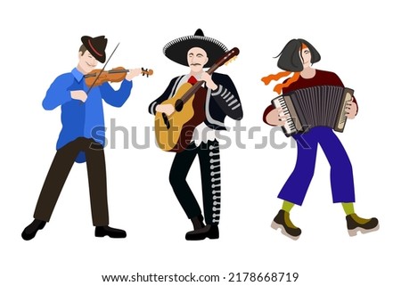 Vector isolated illustration of three musicians: violinist, guitarist and accordion player.
