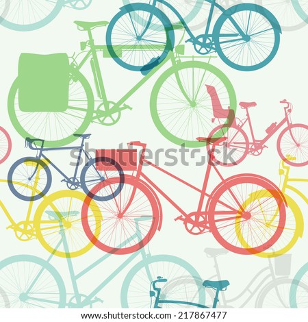 Vector seamless bicycle themed pattern with touring bicycle, fixed gear, wooden crate, retro frame and baby seat equipped bicycle | City, town and urban bicycles seamless pattern background