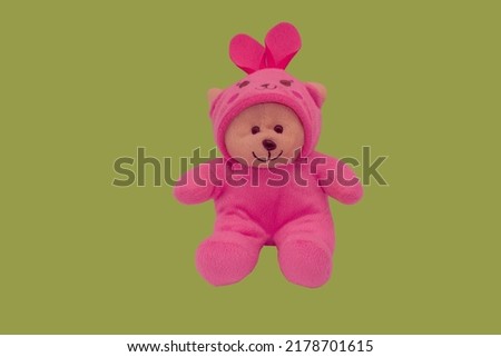 teddy bear brown pink dress  on pastel yellow  background. Gift for kids.Clipping path included.
