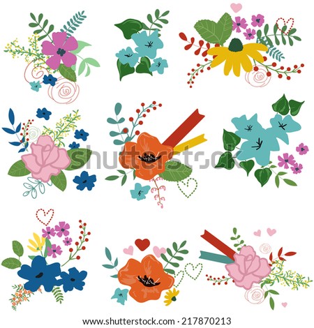 Set of cute hand-drawn floral bouquets, isolated. Wedding, birthday, celebration card template.