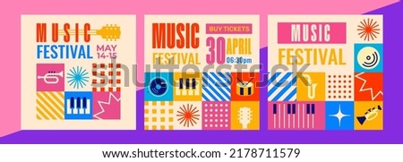 Flat design mosaic music festival. Set of editable templates for social media, event poster, postcard, invitation, cover, banner. Summer festival, live music festival concept