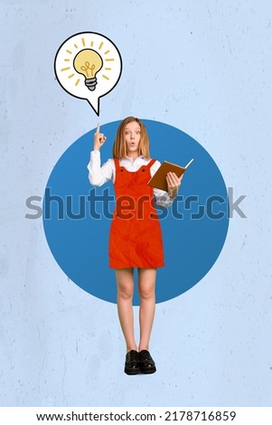 Vertical collage picture of excited intelligent girl point finger bright mind hold book light bulb bubble isolated on painted background