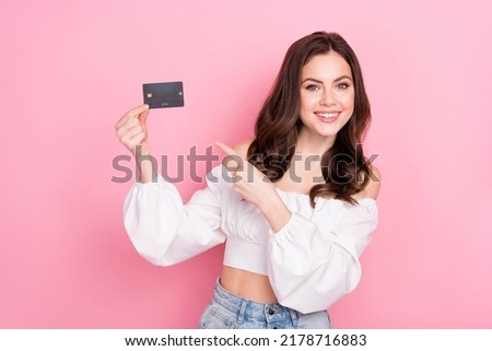 Photo of charming attractive female in trendy outfit recommend you wireless payment isolated on pink color background