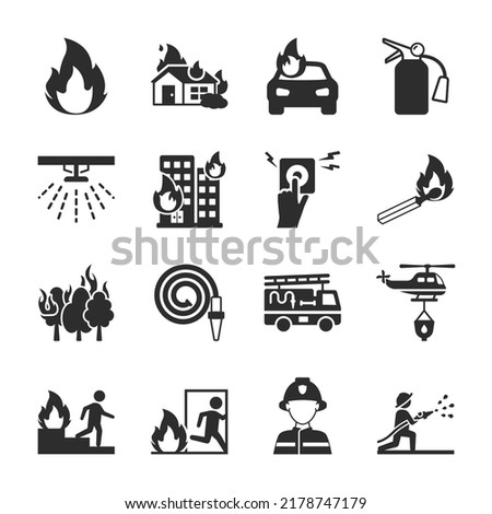 Fire icons set. Precautions and fire fighting. safety and Instructions. Monochrome black and white icon. Vector illustration