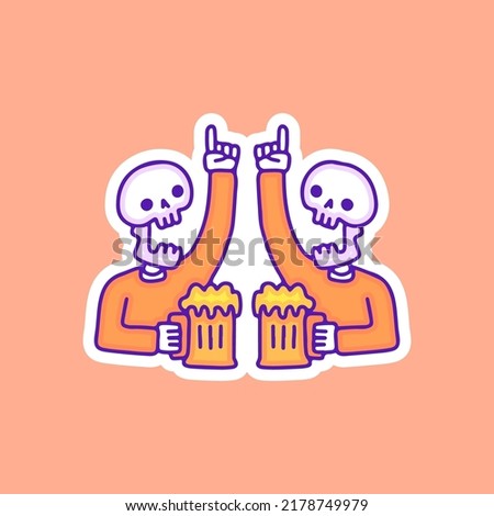 Skulls drinking beers illustration, with soft pop style and old style 90s cartoon drawings. Artwork for street wear, t shirt, patchworks; for teenagers clothes.