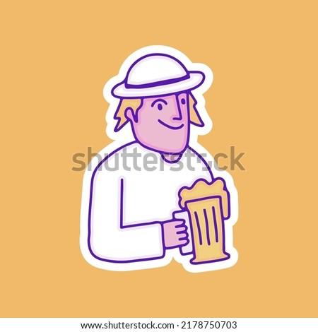 Retro man chill out with glass of beer illustration, with soft pop style and old style 90s cartoon drawings. Artwork for street wear, t shirt, patchworks; for teenagers clothes.