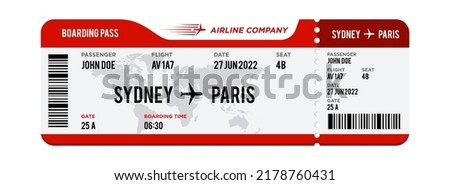 Red and white Airplane ticket design. Realistic illustration of airplane boarding pass with passenger name and destination. Concept of travel, journey or business trip. Isolated on white background Royalty-Free Stock Photo #2178760431