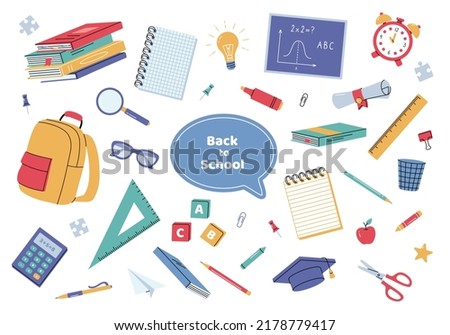 Big set of school supplies. Back to school stationary.  Children's subjects. Vector illustration. School stuff vector set. Supplies for office and education. Equipment for teachers and children.  Royalty-Free Stock Photo #2178779417