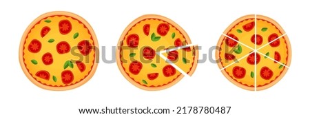 Whole and chopped pizza margarita icon. Vector collection on white background.