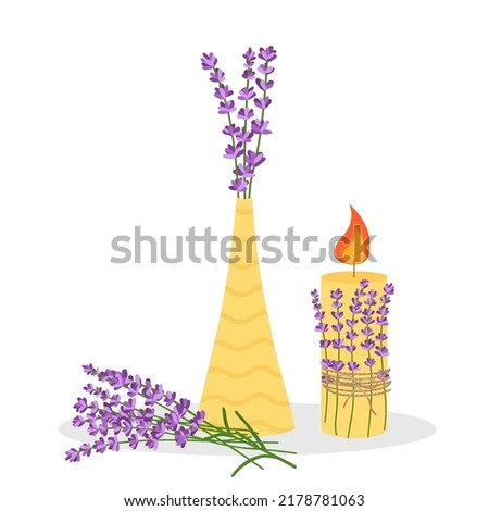 Lavender flowers in a yellow vase with a candle. Vector illustration isolated on white background.