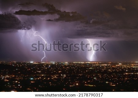 Lightning storm over Tucson, Arizona during monsoon season. Nighttime picture. 
