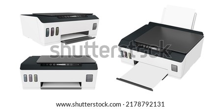 Compact laser printer group isolated on white background