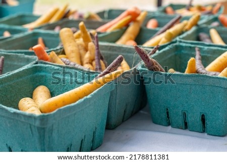 A bunch of small orange, yellow, and purple colored carrots in a green cardboard container on a white table cloth at a farmer's market for sale by a vendor with a white and red sign with carrots.