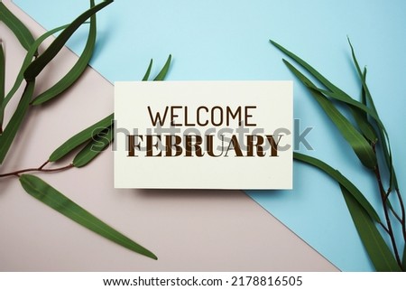 Welcome February text message with green leave on blue and pink background