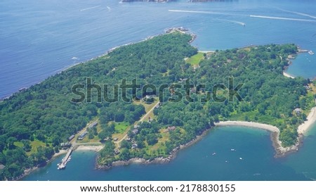 Aerial view of Portland and atlantic ocean, Maine, USA
