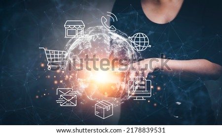 New metaverse with icon business concept,Business hand holding a virtual globe with financial icons future technology, business goals, online communication,graph Screen Icon of a media screen,big data