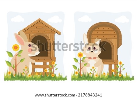 Cute little bunny. Easter Bunny. Illustration of a little bunny with a wooden house. Small wooden house