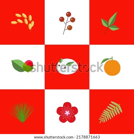 Japanese New Year icon set on red and white checkered background