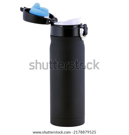 black metal bottle thermo mug thermos on white background