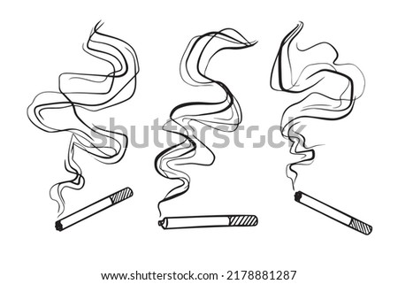 Cigarette drawing single one with a lot of thick smoke. Simple outline doodle hand drawn style. Vector illustration