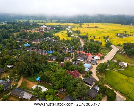 Top view Aerial photo from flying drone over paddie rice fields and rural village  in Chiang Mai province, Thailand.Top view beautiful Sunset and Mountain with Fog.