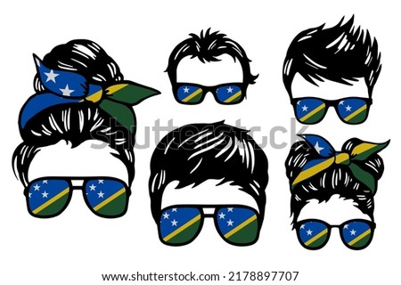 Family clip art set in colors of national flag on white background. Solomon Islands