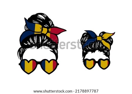 Family clip art in colors of national flag on white background. Romania