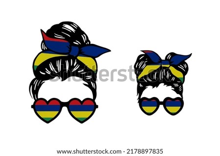 Family clip art in colors of national flag on white background. Mauritius