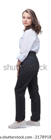 office worker young lady in full-length trousers and white blouse, isolate.