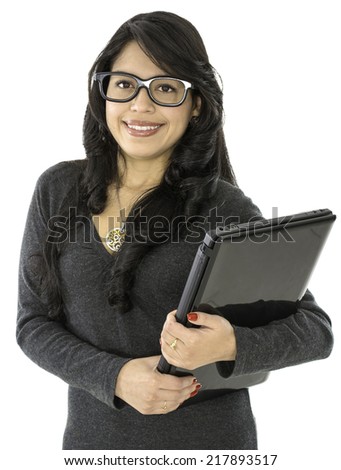 This young lady wear a glasses and hold a computer on her hands