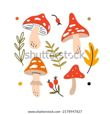 Set of wild red mushrooms with forest plants in doodle style. Cute collection of children vector illustrations isolated on a white background. Fly agarics for your design - poster, card, bag, t shirt