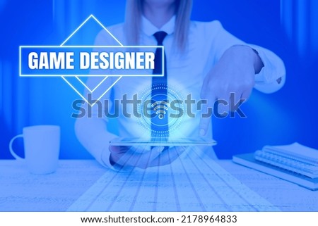Text showing inspiration Game Designer. Business concept Campaigner Pixel Scripting Programmers Consoles 3D Graphics Lady Pressing Screen Of Mobile Phone Showing The Futuristic Technology