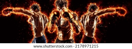 3 boxers boxing on dark background with copy space. Sport concept. High quality photo