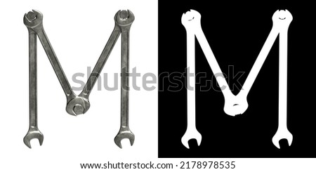 Letter M made of used metal wrenches, isolated on white with clipping mask, 3d rendering