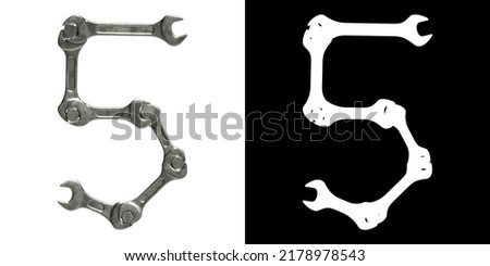 Number 5 made of used metal wrenches and nuts, isolated on white with clipping mask, 3d rendering